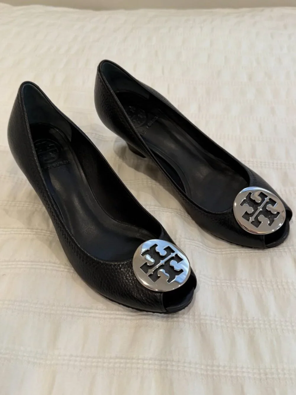 Tory Burch Sally Peep-Toe Leather Wedge Pumps Black Size 8M